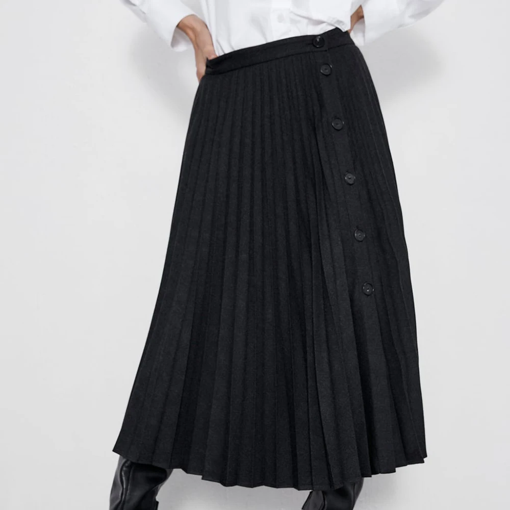 Женская однобортная юбка ZA черная плиссированная драпированная средней длины с