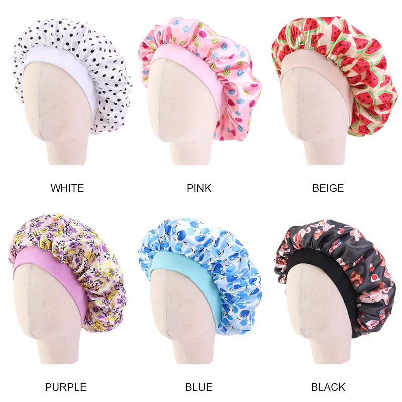 

Cute Pattern Bonnet Night Sleep Hair Caps Children Kids Satin Wide-brimmed Elastic Turban Hat Girl Boy Hair Care Accessories