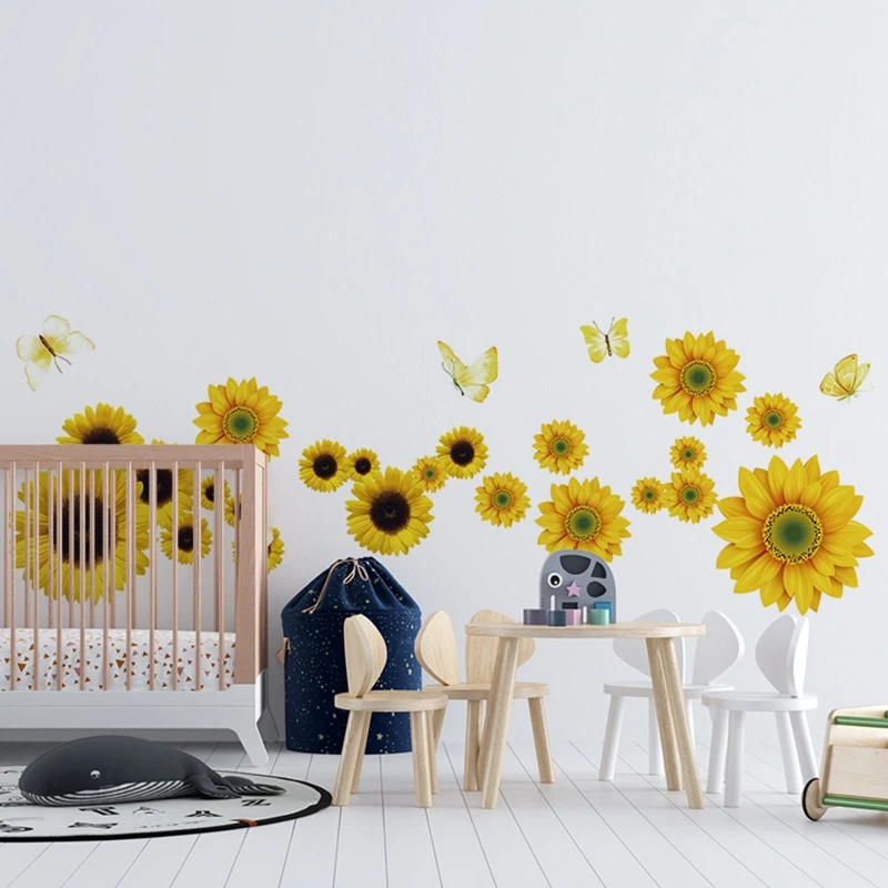 

Sunflower Wall Sticker Removable Flower Decal Waterproof 3D Floral Butterfly Wallpaper for Kids Baby Bedroom Living Room