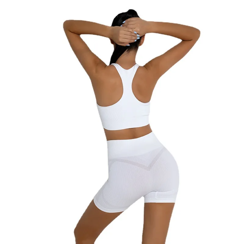 

Sports Fitness Bra Yoga Suit Set High Waist Yoga Shorts Threaded Seamless Bra Peach Workout Suit Gym Clothing 2 Piece Set Women