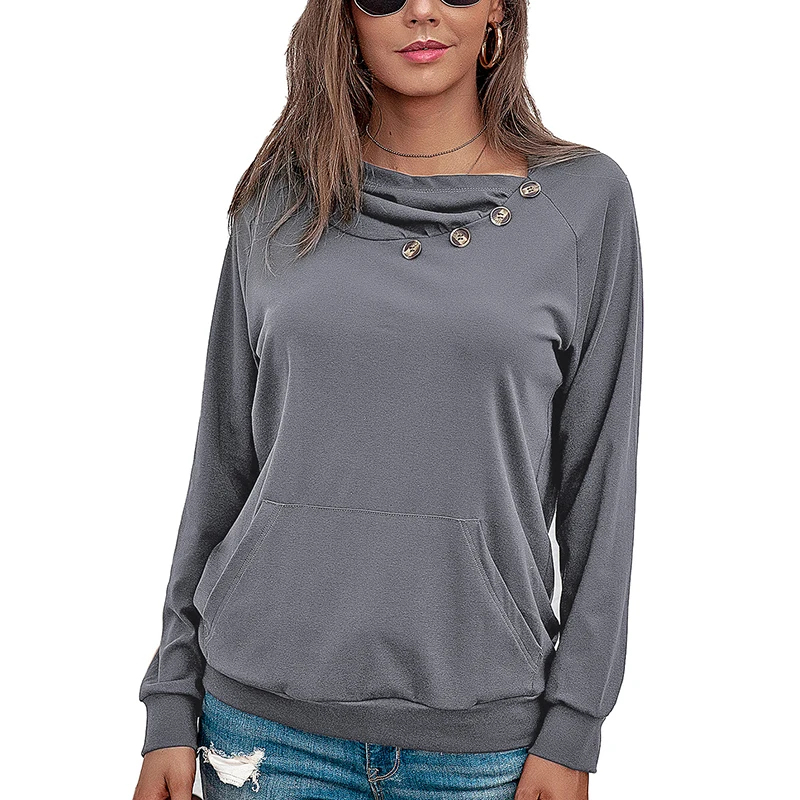 

2020 Women Clothing Autumn Buttons Solid Long Sleeve Sweatshirt Femme Casual Loose Hoodies Pocket Pleated Pullover Tops SJ7210M