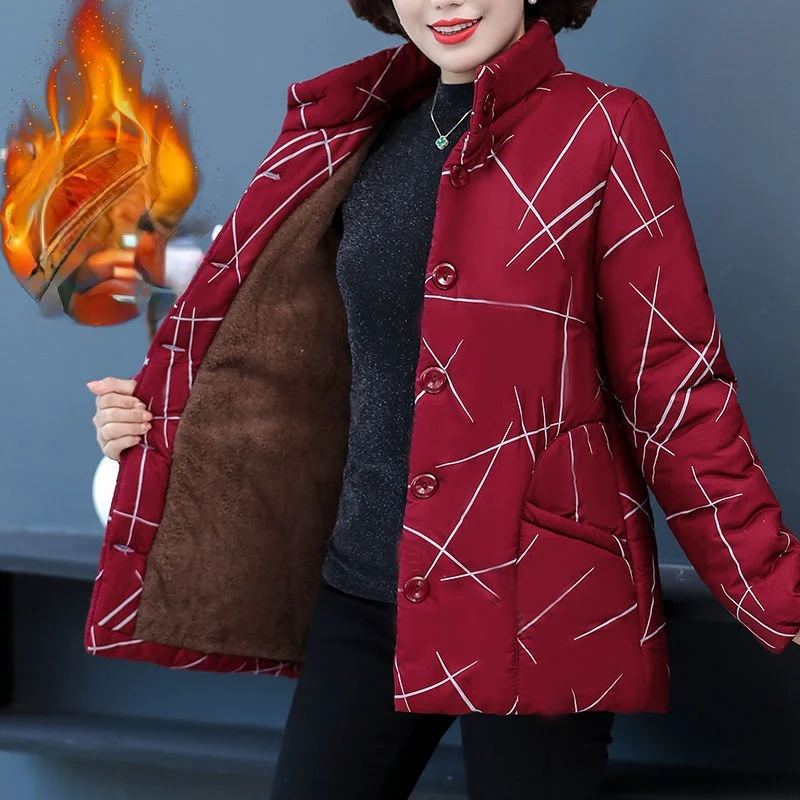 

Women 2022 Winter New Middle-aged Cotton Coats Female Stand Collar Print Parkas Ladies Single-breasted Thick Warm Overcoats R903