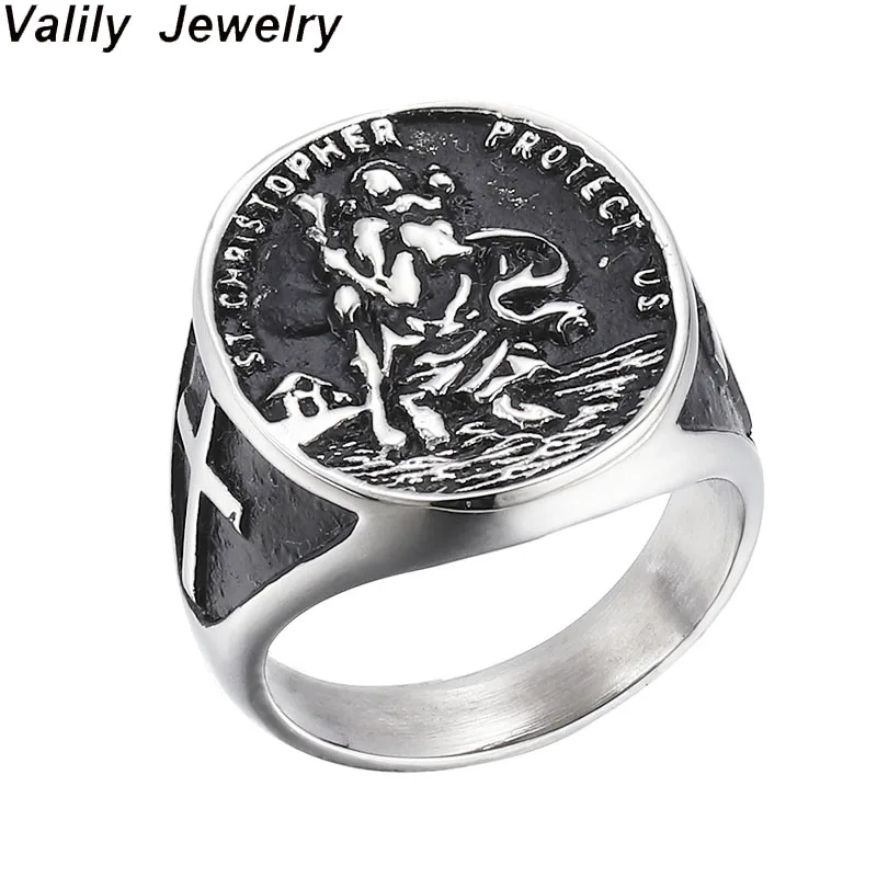 

Valily Saint Christopher Ring Protect US 316L Stainless Steel Punk Cross Silver Tone Ring For Man Catholic Patron St Medal Rings