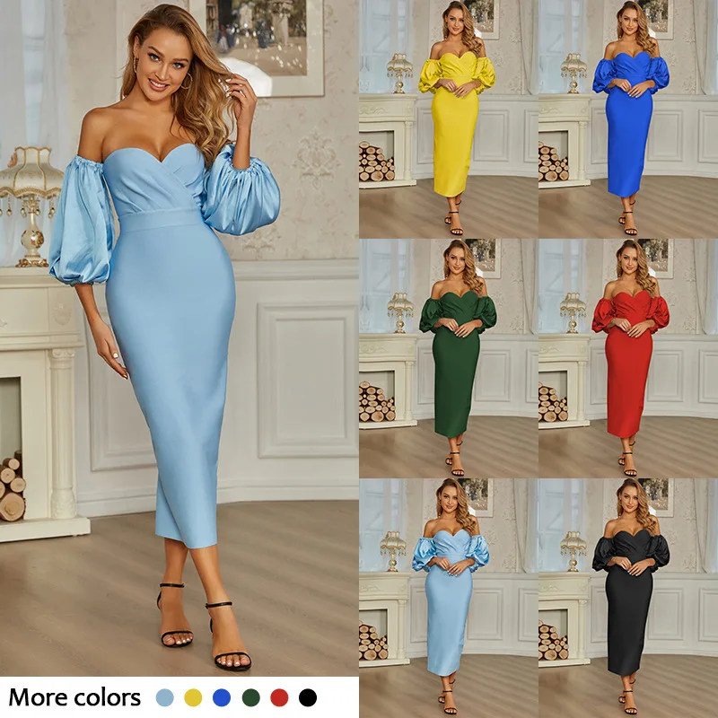 

Hot Sale 2021 Puff Sleeve Women Bandage Dress Off Shoulder 6Colors Mini Bodycon Dress for Birthday Party Cocktails Vestidos Robe