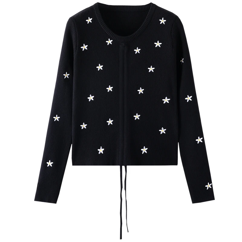

Spring women's knitted sweater embroidery flowers drawstring fashion casual 2021 new products