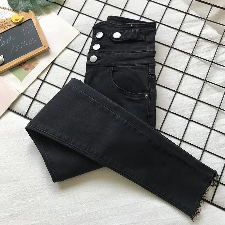 

Black high waist jeans trousers female new winter cultivate one's morality thickening han edition personality nine points feet w