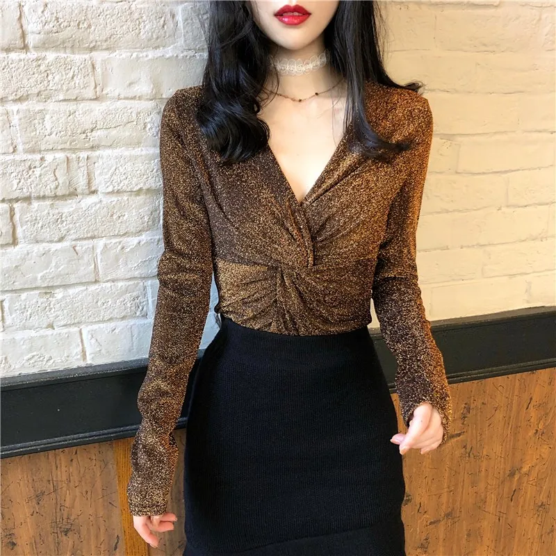 Новинка осени 2019 приталенная рубашка с v-образным вырезом и скрученным узлом