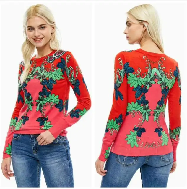

Spain new embroidery ladies atmosphere fashion cotton cashmere printed sweater knitted sweater thin sweater pullover leisure