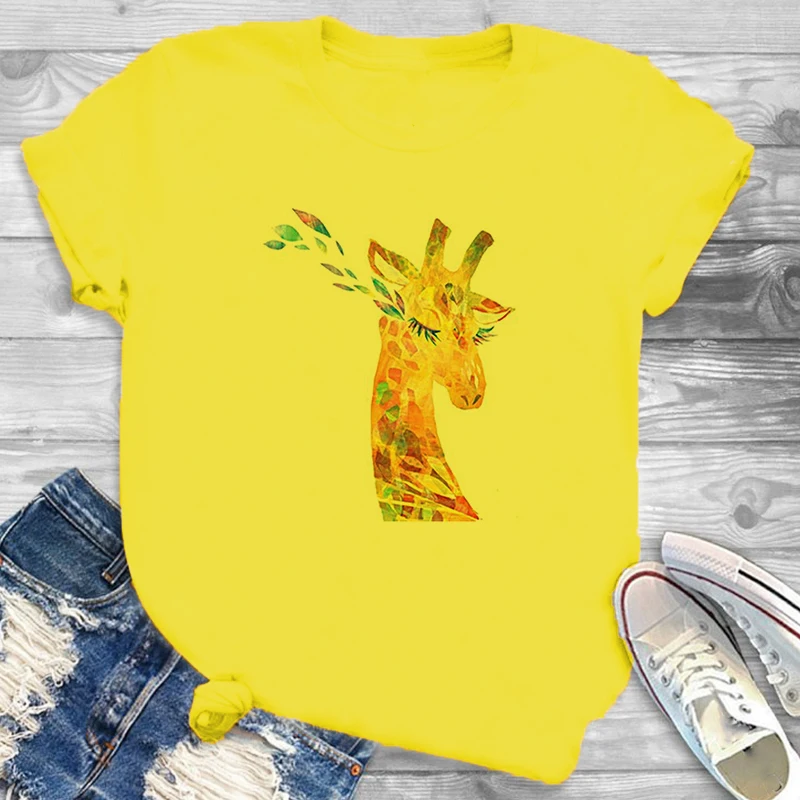 

Women T Shirt 2020 New Summer Short Sleeve Colorful Giraffe Print T-shirt O Neck Short Sleeve Tees Top Casual Female Vogue Shirt