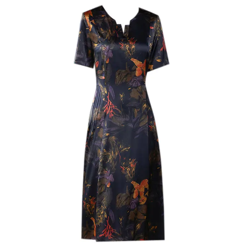 

Heavy Silk Dress Women's Middle-aged Mother's Mid Long Retro Print Dress With Slim Body