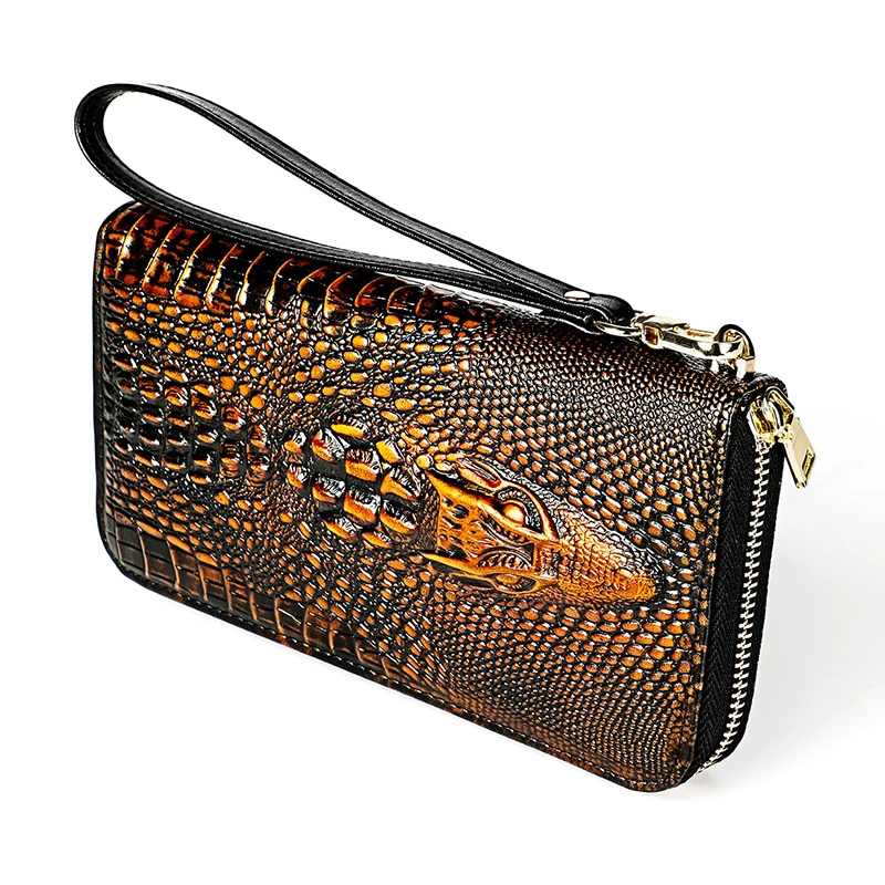 

Luufan High Quality Crocodile Style Long Purse Genuine Leather Zipper Wallet Men Women Hand Clutch Purse With Writst Sling Belt