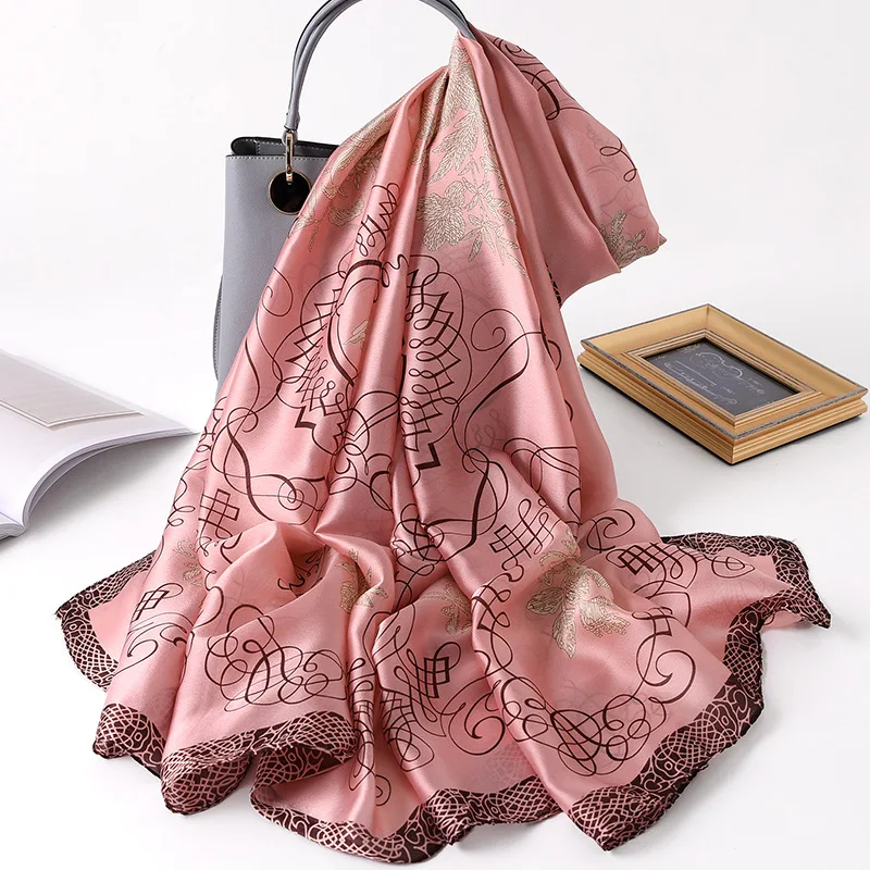 

2021 Women Imitation Silk Scarf Gem Chain Print Shawls Office Lady Soft Wraps Female Headscarf Beach Towel Best Gift 90x180cm