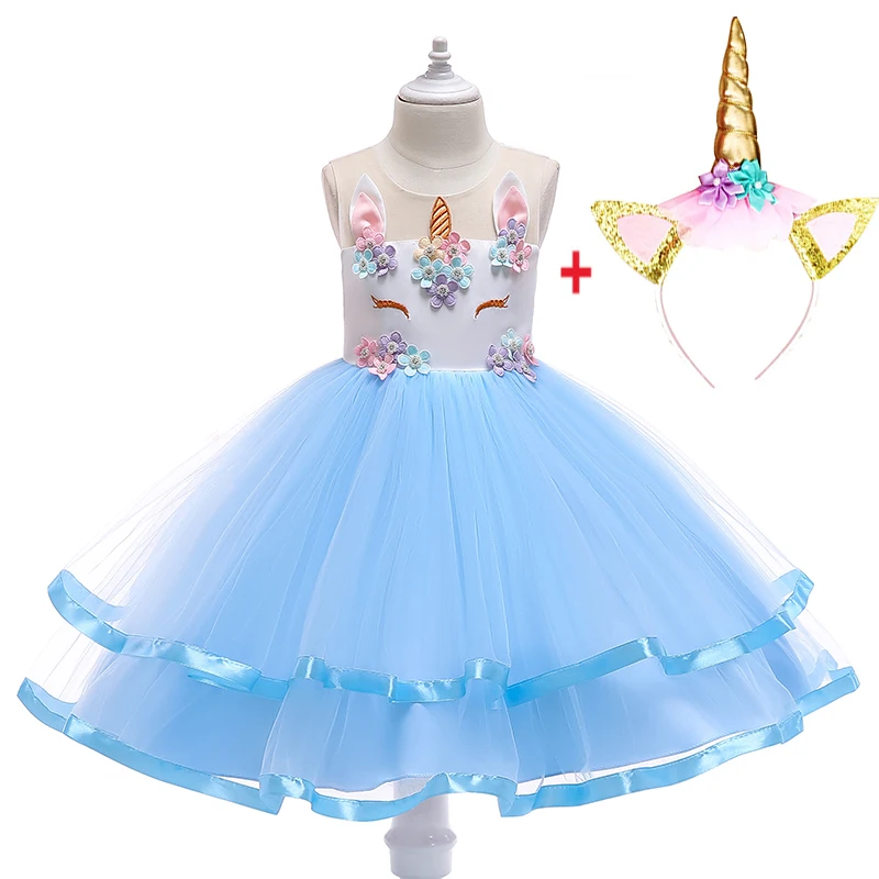 SkyBlueHeadband Фантазийное рождественское платье с единорогом для девочек от 2 до 10 лет, Детский костюм принцессы детская одежда для дня рождения - Цвет: SkyBlueHeadband