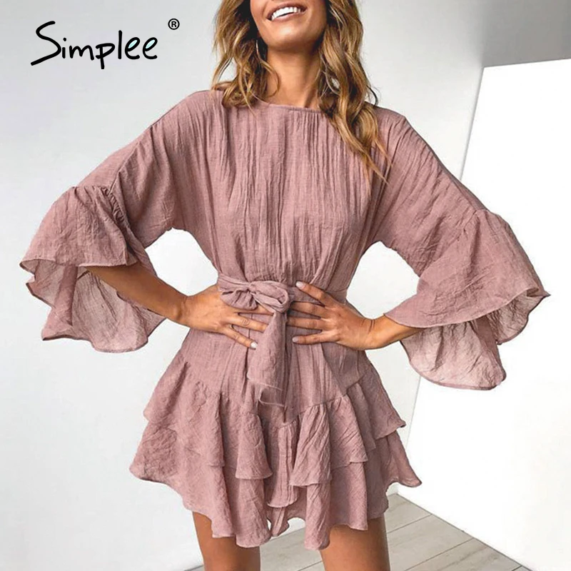 Simplee Solid bohemian ruffled women dress Elegant o-neck sash belt female short Summer casual soft ladies vestidos | Женская одежда