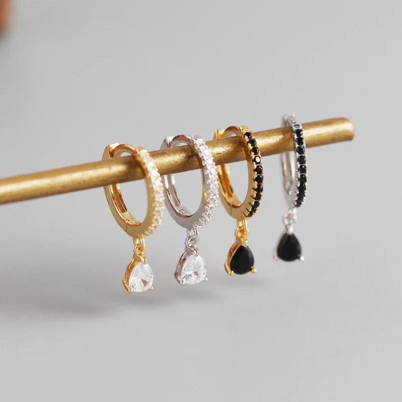 

925 Sterling Silver Black White Drop-shaped Zircon Pendant Drop Earrings for Women