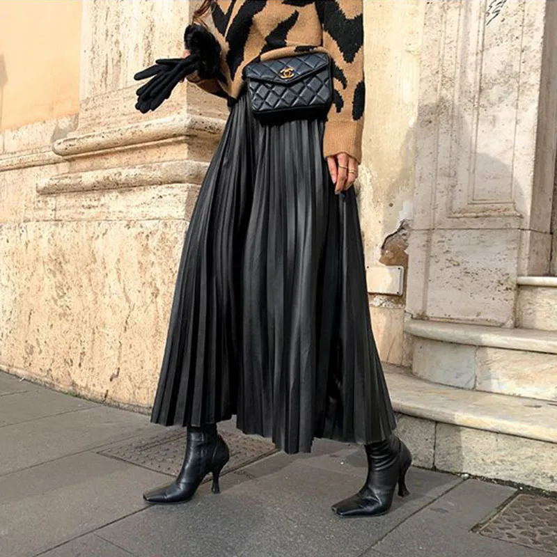 Женская Черная однотонная плиссированная юбка средней длины из искусственной