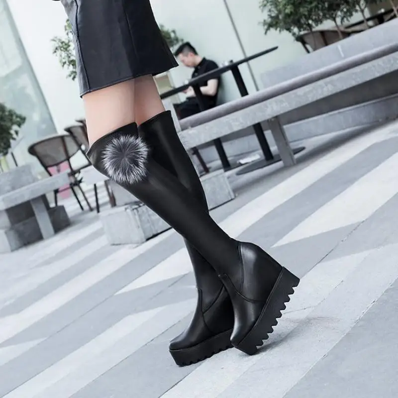 

Swyivy Over Knee High Boots Women Wedges Shoes with Fur Ball 2020 Autumn Female Sexy Long Boots Platform