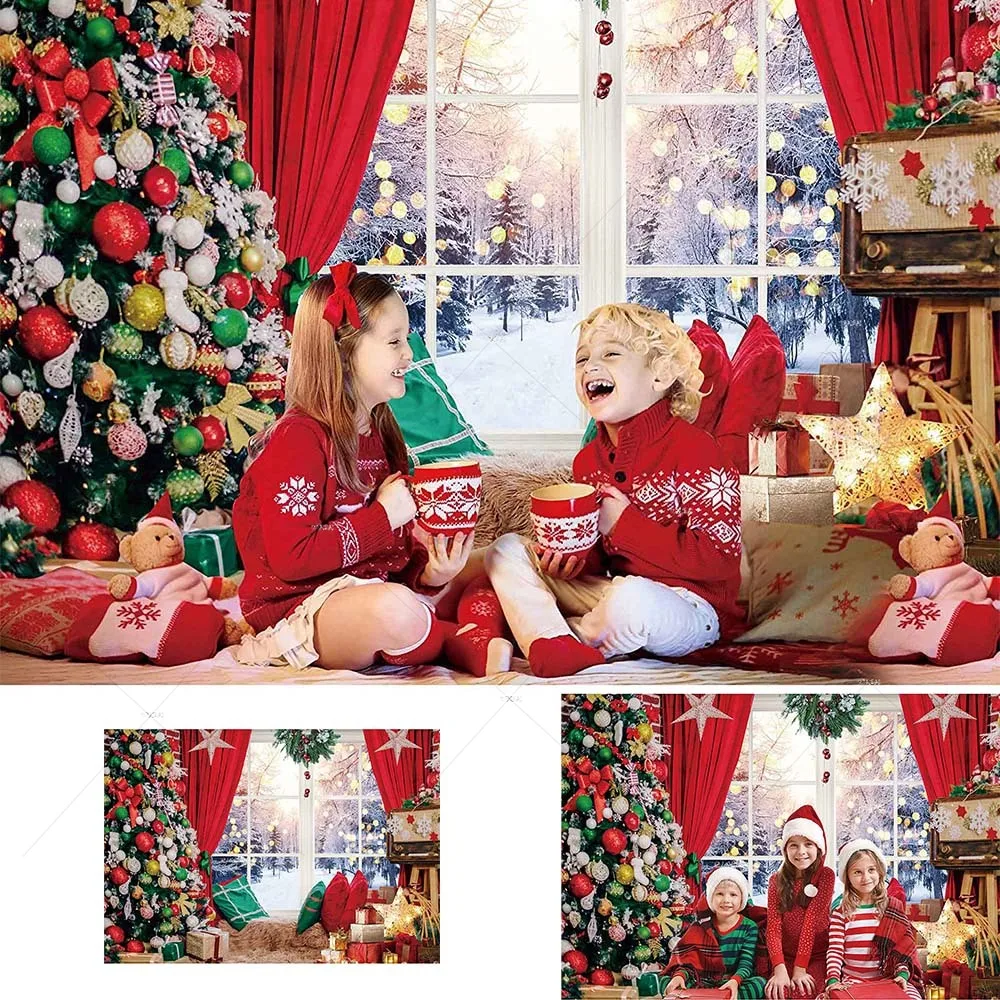 

Winter Christmas Window Photo Backdrop Xmas Tree Snow Gift Decorations Photography Background Family Party Photo Studio Props