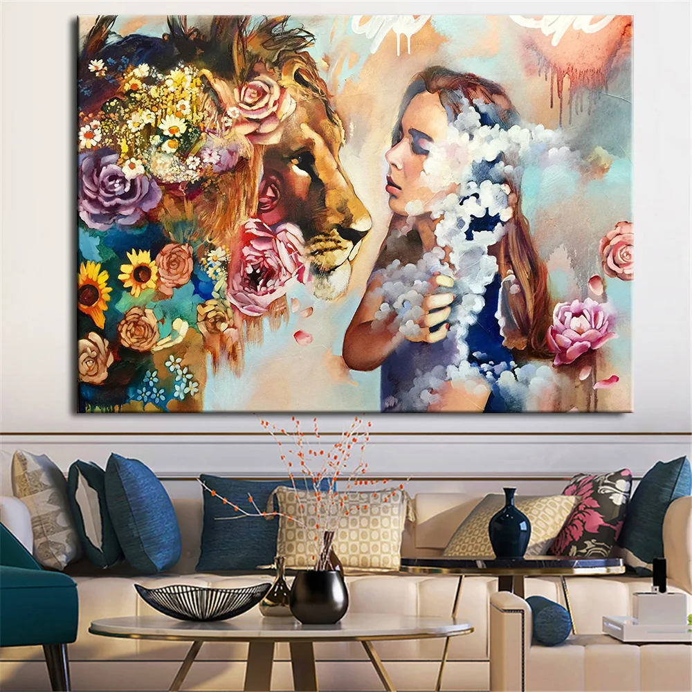 

Абстрактная красочная Картина на холсте с изображением женщины и животного, настенный художественный плакат, картина для гостиной, абстрак...