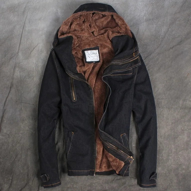 Мужские джинсовые пальто на молнии куртка с флисовой подкладкой толстая зимняя