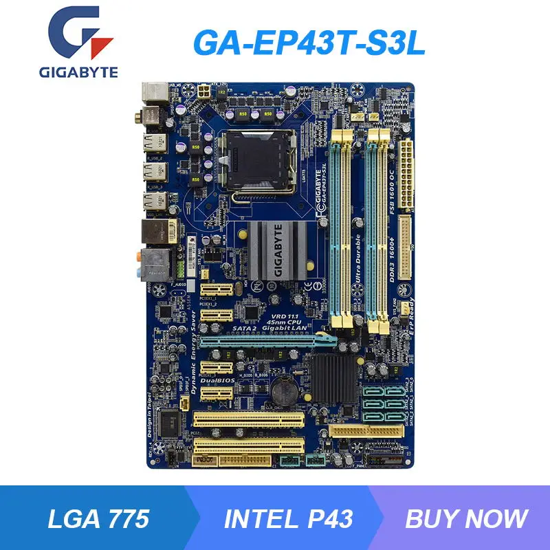 

Материнская плата Gigabyte LGA GA-EP43T-S3L, оригинальная десктопная Материнская плата Intel P43 DDR3 4 Гб PCI-E X16 UEFI BIOS SATA2 8 × USB2.0 ATX, 775