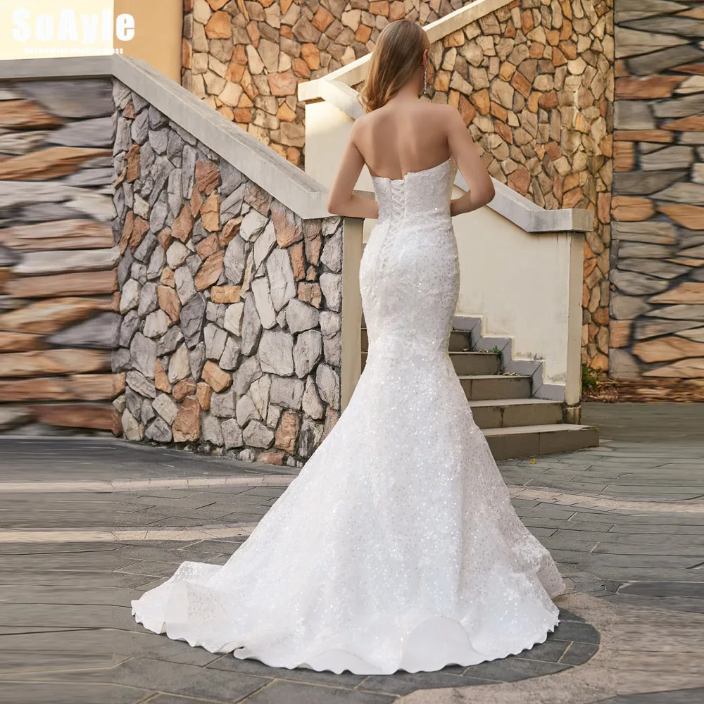 SoAyle #W48 Strapless Sexy Sweetheart Mermaid Dress Lace Backless Long Sleeve Shawl Wedding Gown Luxury Beaded Vestido De Novia