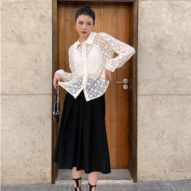 

Kimotimo Women Tops 2021 Summer New Chic Transparent Design Minority Lace Floral Shirt Korean Long Sleeve Ins Fashion Blouse
