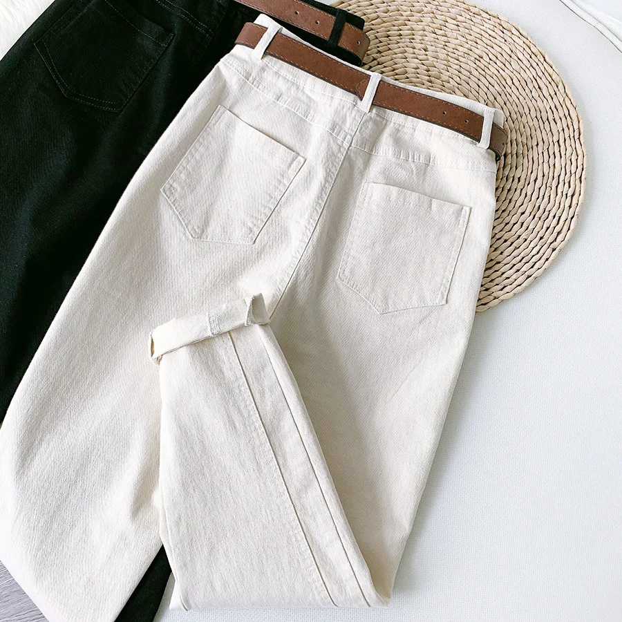 

SURMIITRO 2021 Spring Summer Cotton Denim Korean Style Ankle Harem Pants Women Black White High Waist Trousers Female With Belt