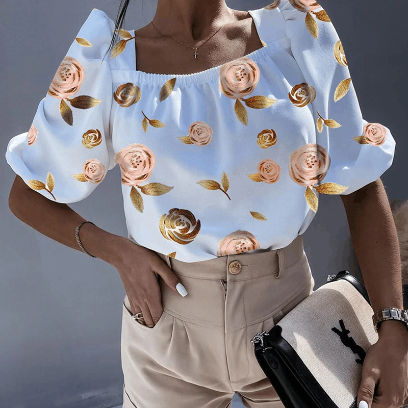 

Женская летняя новая модная блузка с принтом роз, элегантный офисный пуловер на шнуровке с открытой спиной и бантом, женские топы