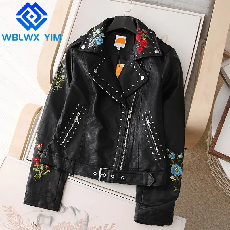 

Fashion Flower Embroidery PU Leather Jacket Women Rivet Biker Coat Loose Faux Leather Jackets Spring Autumn Short Jacket Female