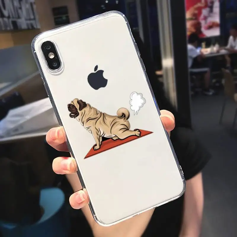 

Cute Cartoon Pug Animal Yoga Phone Case Transparent soft For iphone 5 5s 5c se 6 6s 7 8 11 12 plus mini x xs xr pro max