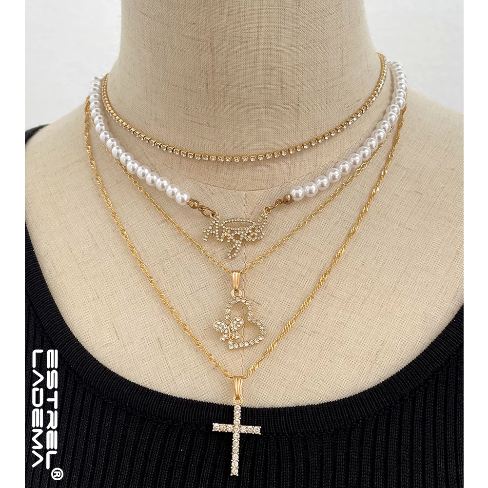 

2021 Trendy Crystal Angel Letter Pearl Beaded Choker Necklace for Women Layered Cross Butterfly Tennis Chain Collar Jewelry New