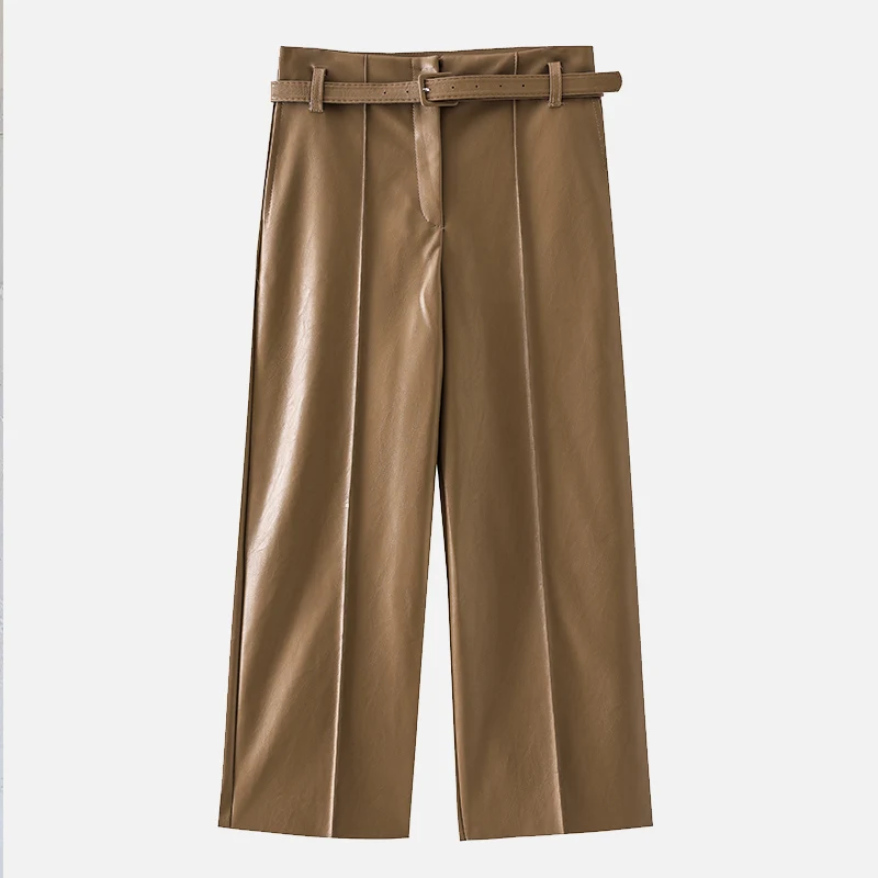 Autumn Faux PU Leather Pants Women With Belt High Waisted Wide Leg Anke-length Women's Trousers Winter NEW Fashion Clothes