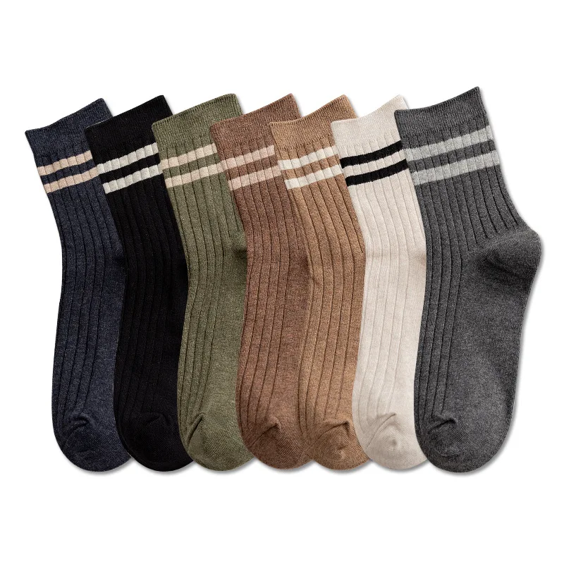 5 Pairs/Lot Men Socks  Korean Version of The Two Bars Japanese Striped Cotton Tube Pile Socks Ins Tide Socks College Style