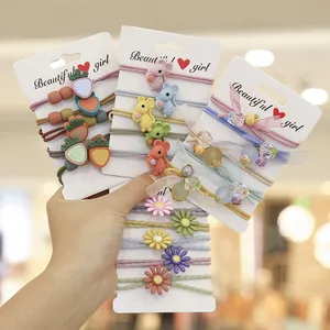 5 шт.компл. мультфильм Животные с цветочным узором для детей; резинка для волос, обтянутая тканью; резиновые ленты аксессуары для девочек атласным галстуком-бабочкой волос Веревка-держатель