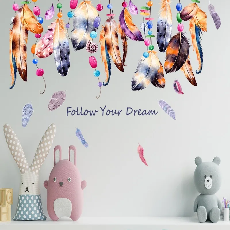 

DIY Colorful Feathers Wall Stickers for Kids Rooms Girls Bedroom Decoration Aesthetic Art Decal Wallpaper Living Room Poster