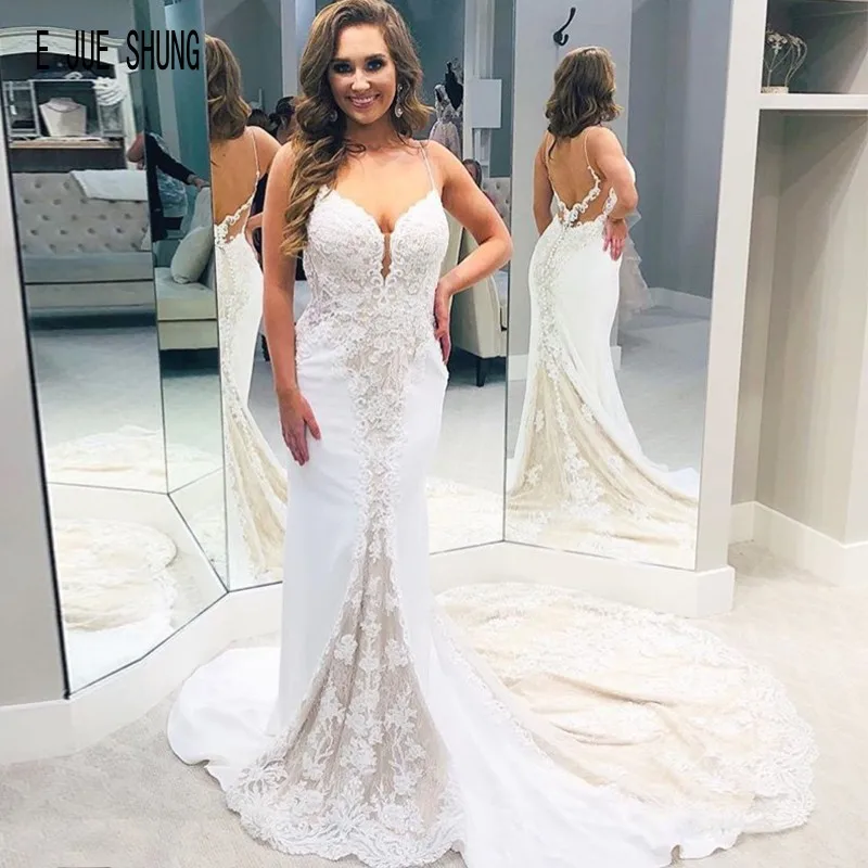 

E JUE SHUNG Modern Backless Mermaid Wedding Dresses Spaghetti Straps Lace Appliques 2020 Boho Wedding Gowns Vestios De Novia