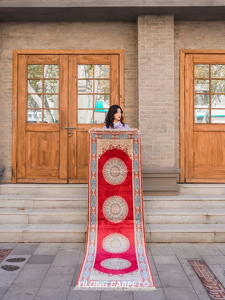 

Yilong 2.5'x9' Persian silk carpet runner red medallion hand knotted oriental runner (TJ189A)