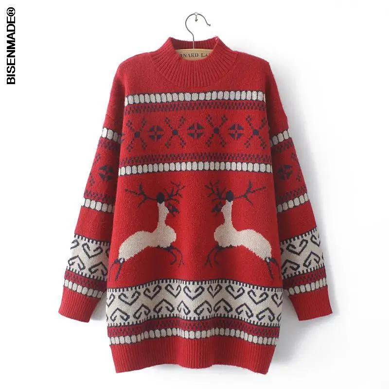 

Autumn Winter Sweater Women Clothes Plus Size&Curve Jumper Half High Collar Jumper Cartoon Sika Deer Jacquard Knitted Pullovers