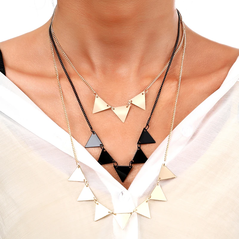 Geometric Triangle Three Layered Necklace Gold Black Link Chain Necklaces For Women Fashion Jewelry Bijoux Femme | Украшения и