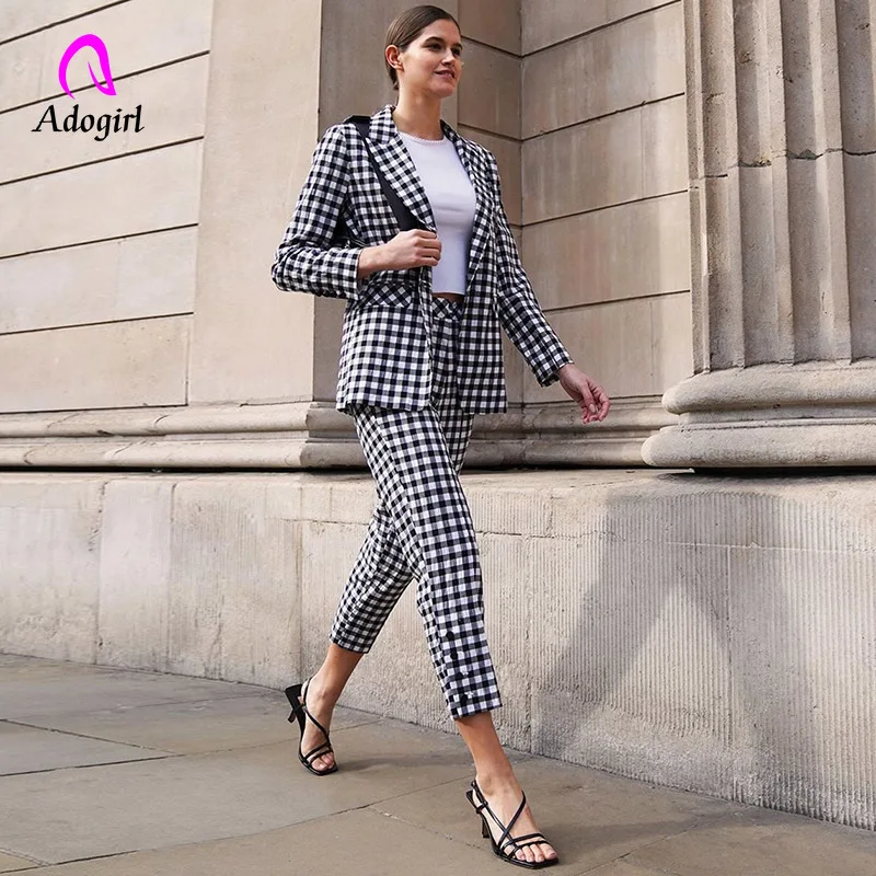 Клетчатый Элегантный женский костюм из двух предметов с брюками повседневные