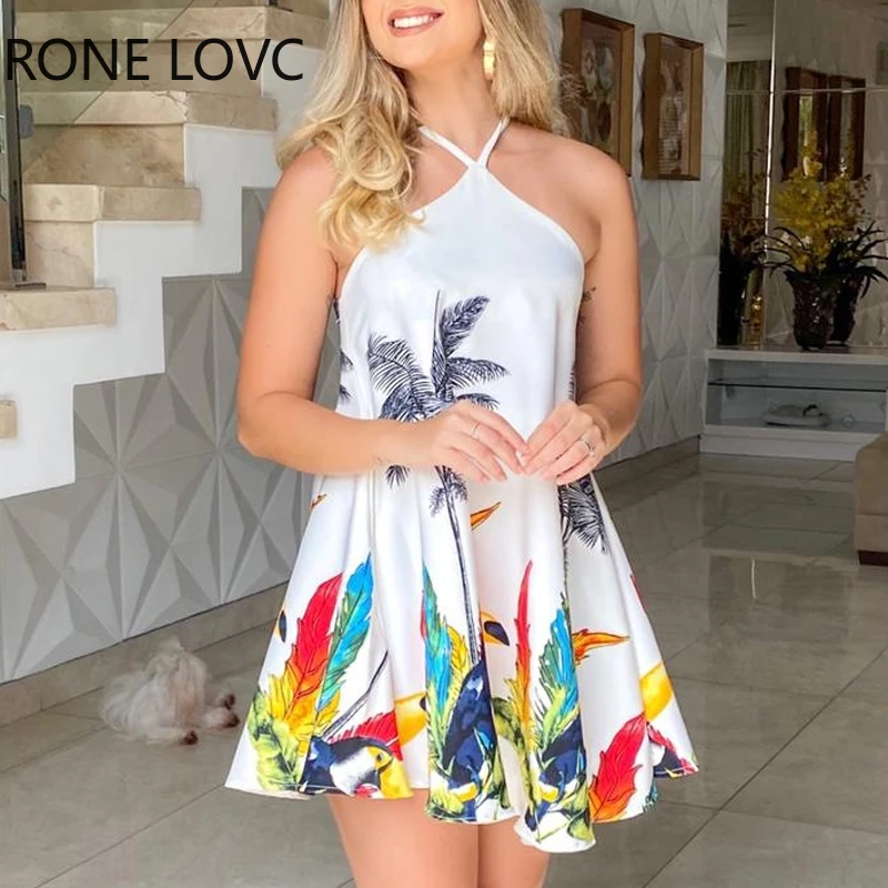 

Женское летнее мини-платье с цветочным принтом и лямкой на шее