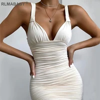 rlmababy summer v neck pleated dress slim sleeveless backless bodycon dress casual beach party dress night club sexy white dress