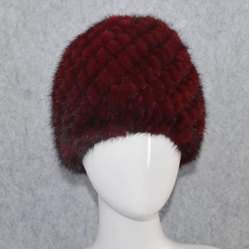 wine red Новинка, зимние женские шапки из натурального меха норки, вязаная шапка ручной работы, шапка из натурального меха норки, хорошее эластичное качество, шапка из меха норки - Цвет: wine red