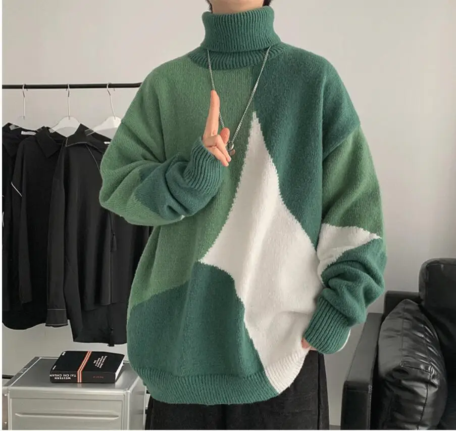 

Factory Direct Supply Winter Thicken Mock Neck Boys Sweater Korean Trend Loose Splicing Color Contrast Mori Tops Men Coat