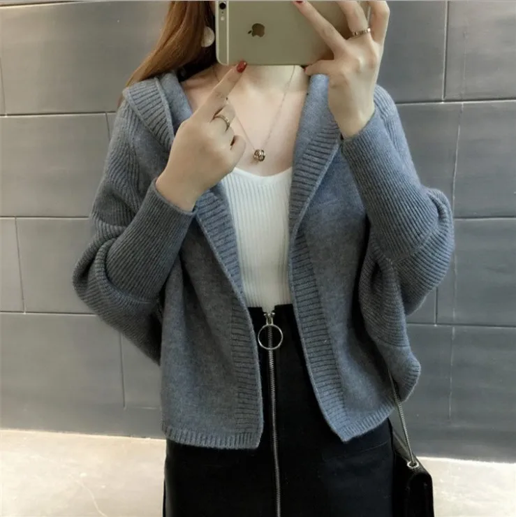 

2020 Autumn Spring Women Sweater Fashion Hooded Bat Sleeve Soild Color Short Cardigan Female Casual Loose Kintted Coat Tops