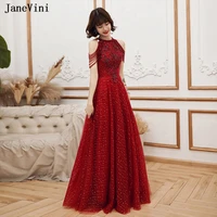 janevini glitter burgundy long prom dresses 2020 halter tulle beading sleeveless a line women sexy formal party dress plus size