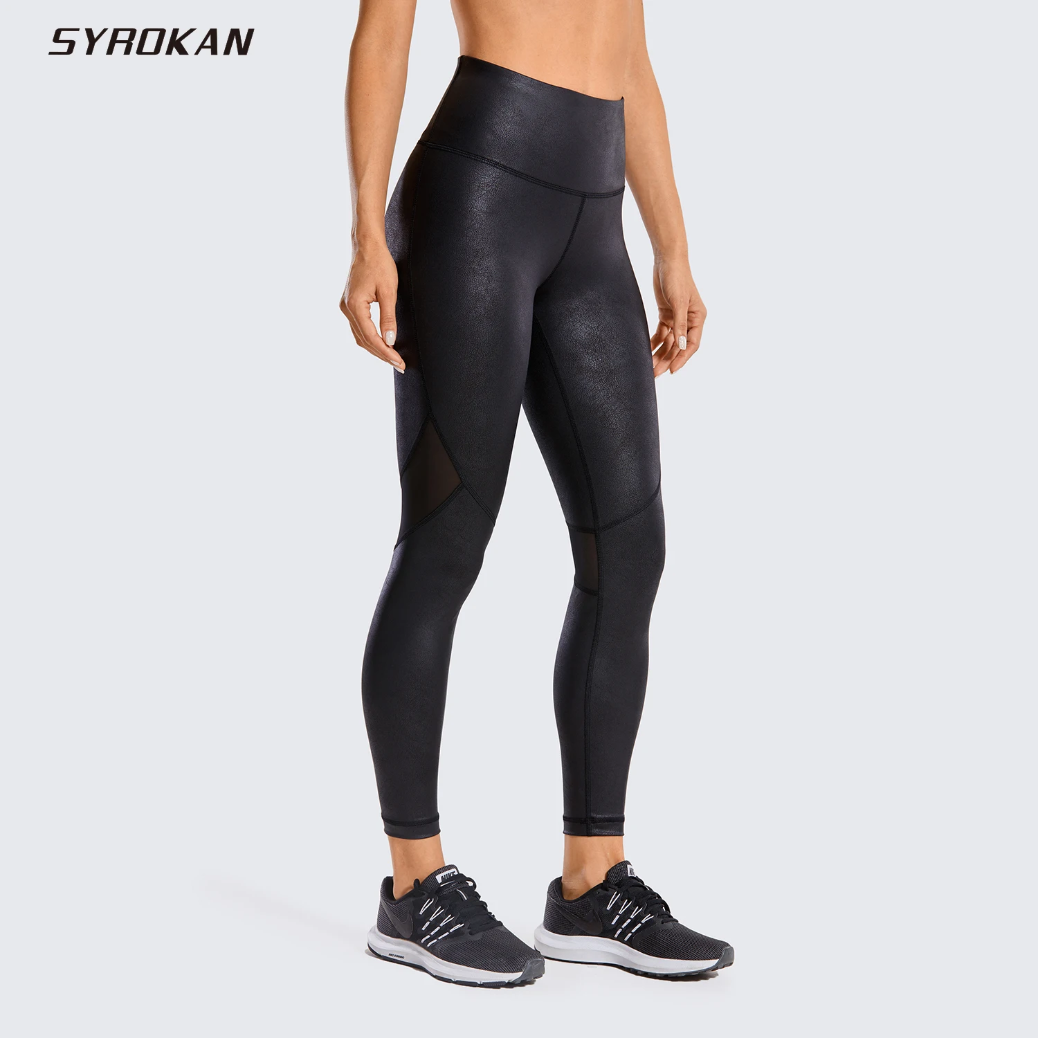 

SYROKAN Women'S Matte Coated Faux Leather Texture Legging Workout Leggings Sport Women Fitness Mesh Tight Pants With Drawcord