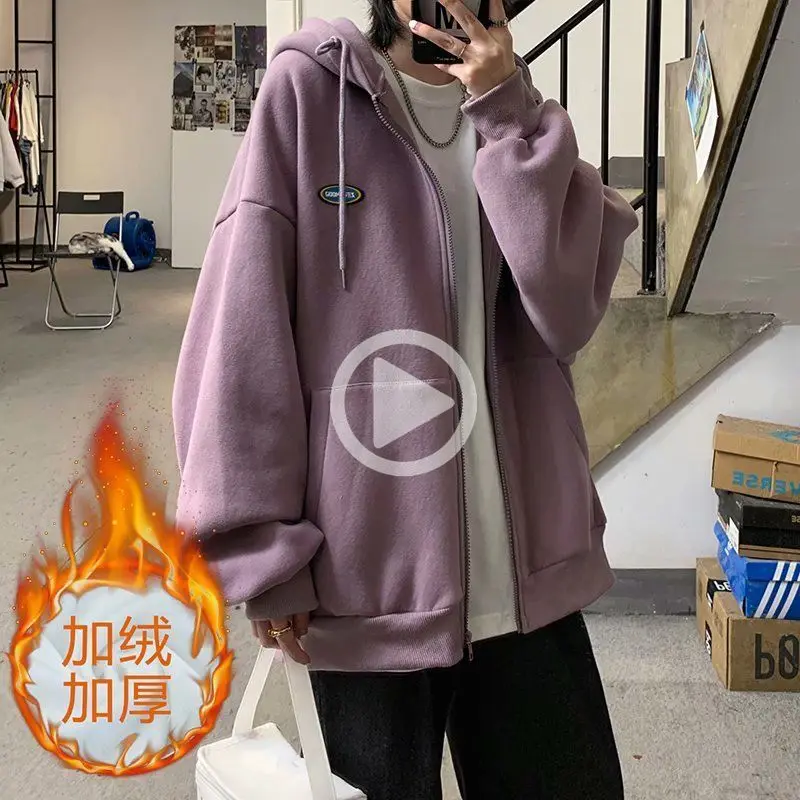 

Winter Women's Jacket Thickened Zipper Coat Large Pocket Hoodie Solid Color Korean Loose Top Sweatshirt Oversized Hoodie Gothic