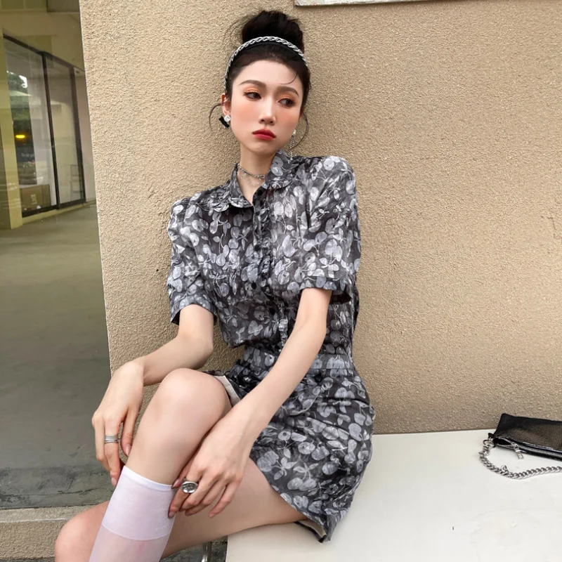 

Kimotimo Women Two Piece 2021 Summer Print Ruffles Short Sleeve Button Up Shirts + Fashion Floral High Waist Design Mini Skirt